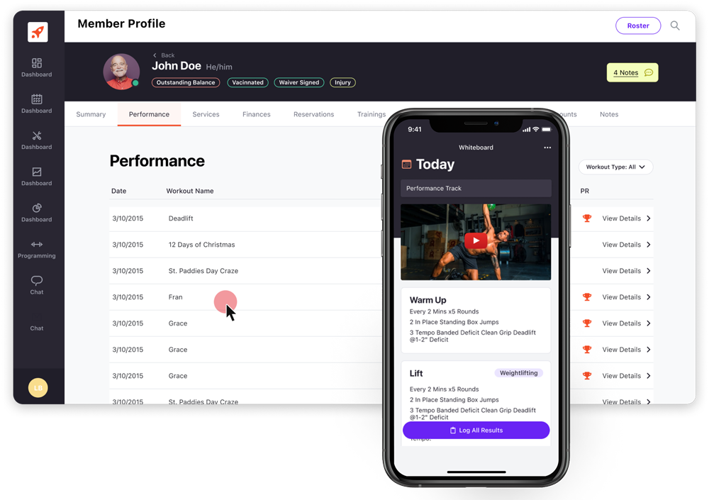 Image of Crossfit software displaying a clients member profile on as seen by a user on a computer screen and on an app screen